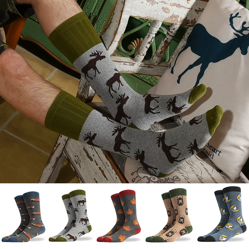 2024 New Fashion Socks Men's Fun Animal Cotton Socks New Socks Barefoot Deer Fox Leaves Fashion Socks