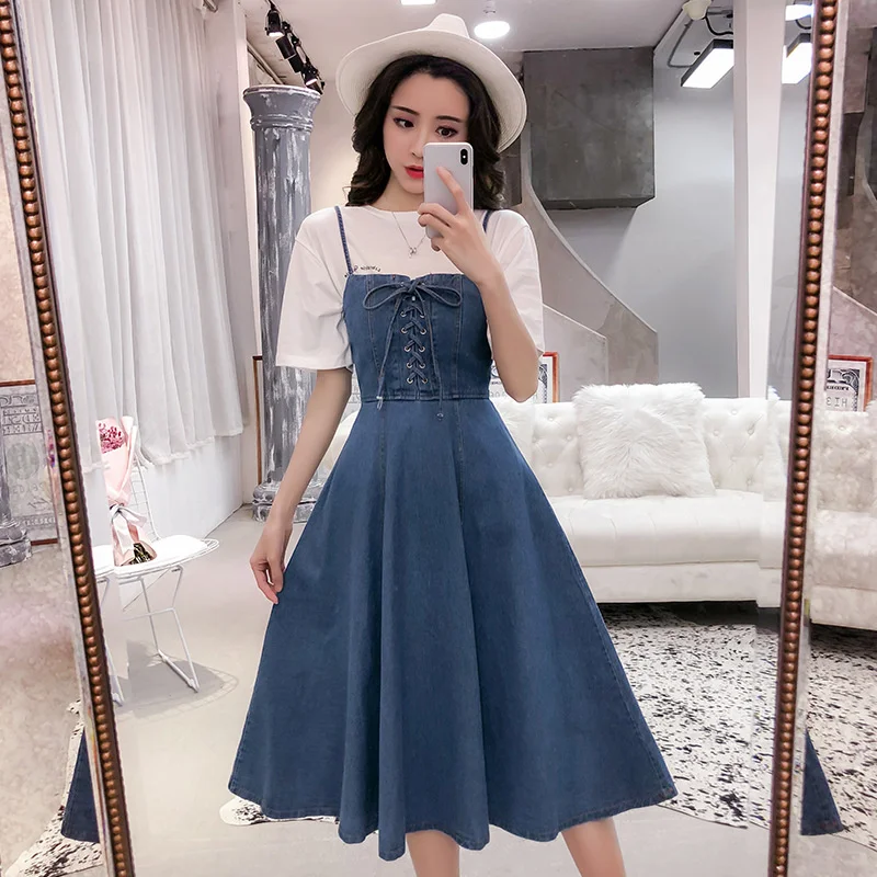 

High Spring Waist Slim Straps Midi Dress Fashion Elegant Ladies Denim Dresses Back Zipper Summer Beach Robe Light Blue S-XL