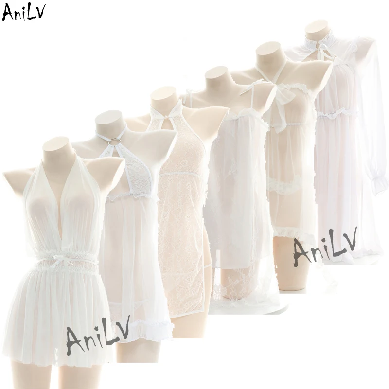 AniLV Women Sexy White Chiffon Lace Halter Dress Pajamas Lingerie Nightdress Uniform Costume Dream Backless Swimsuit Cosplay