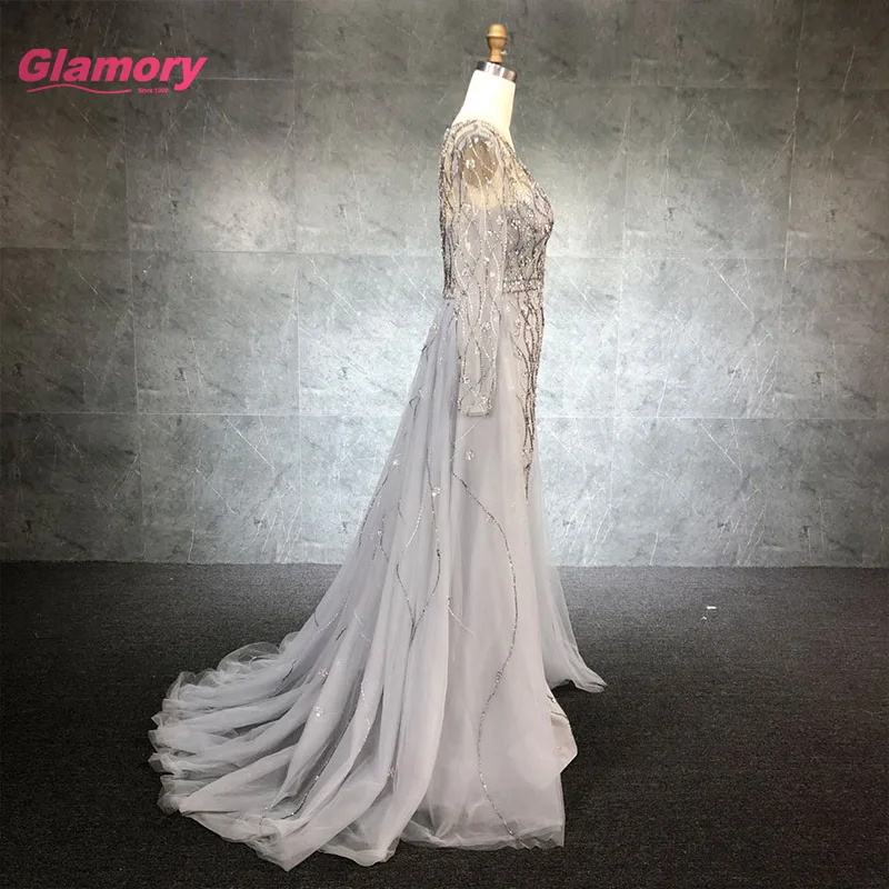 Hot Sale New Design Tulle Prom Dress Long Sleeve Evening Dresses With Crystal Beading