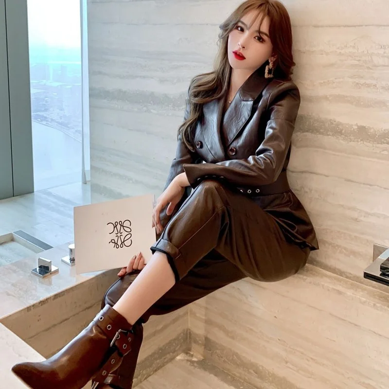 Women Fashion Business Work Pu Leather Blazer Jacket Pencil Pants Two Piece Set Belted Slim Fit Office Ladies Suit Matching Sets