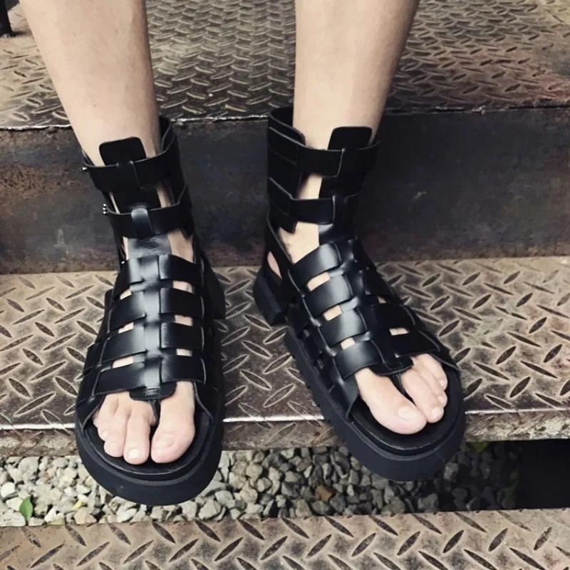 Harajuku Gladiator High Top Shoes Mens Open Toe Thick Bottom Genuine Leather Roman Sandals Male Summer Fashion Outside Sandal