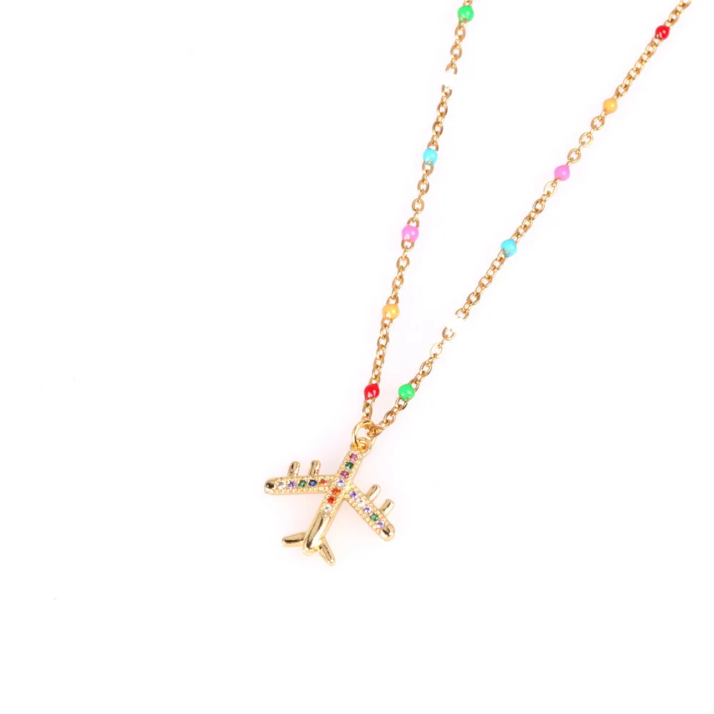 Stainless Steel Gold-Plated Enamel Water Wave Chain  Insert Zircon Airplane Charm Necklace  Aircraft Pendant Choker Jewelry Gift