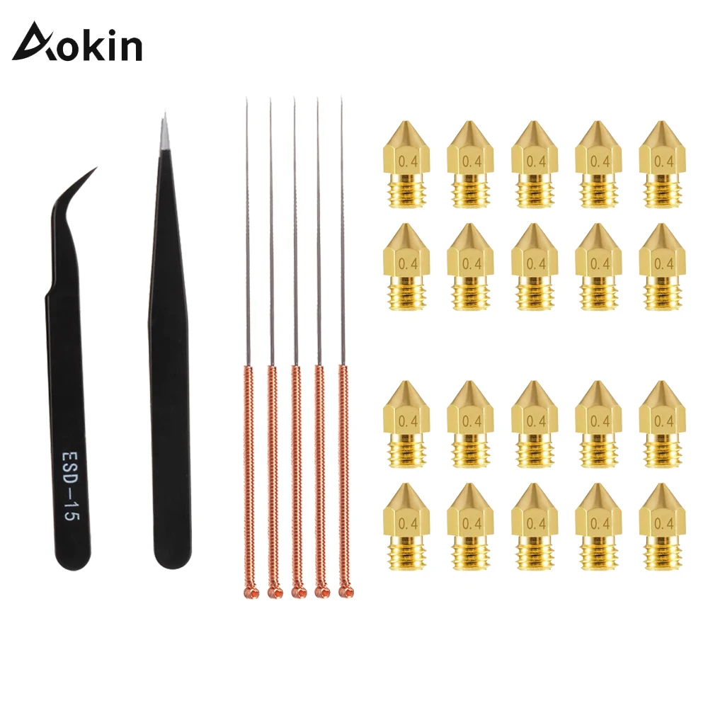 

20pcs MK8 Nozzles 0.4mm 1.75mm + 5pcs Cleaning Needles 0.4mm Drill Bits + ESD-15 ESD-11 Tweezers for 3D printer Parts