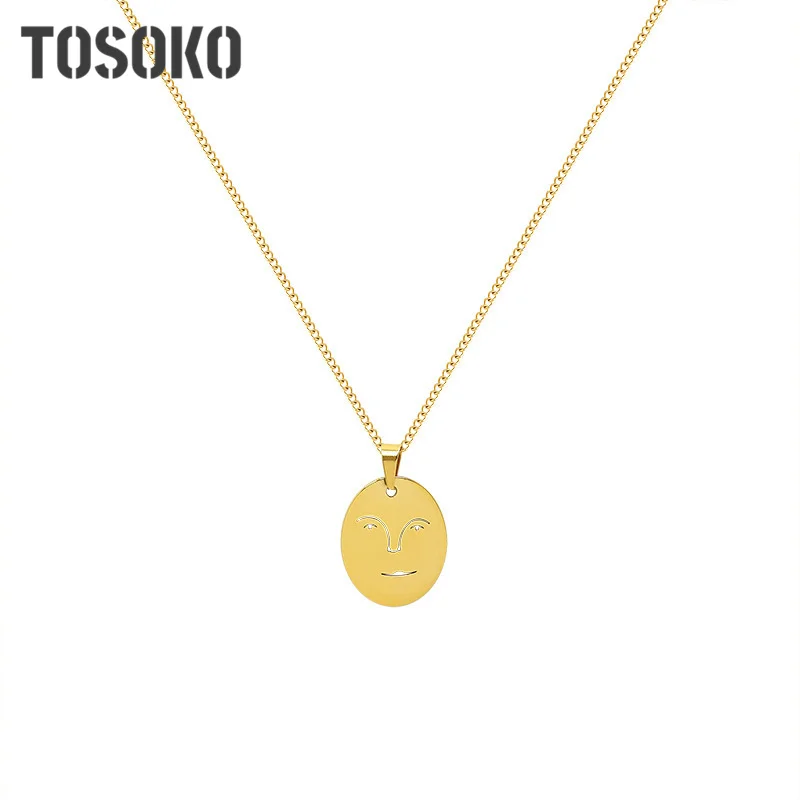 TOSOKO Stainless Steel Jewelry Funny Hollow Smile Face Pendant Necklace Female Clavicle Chain BSP952