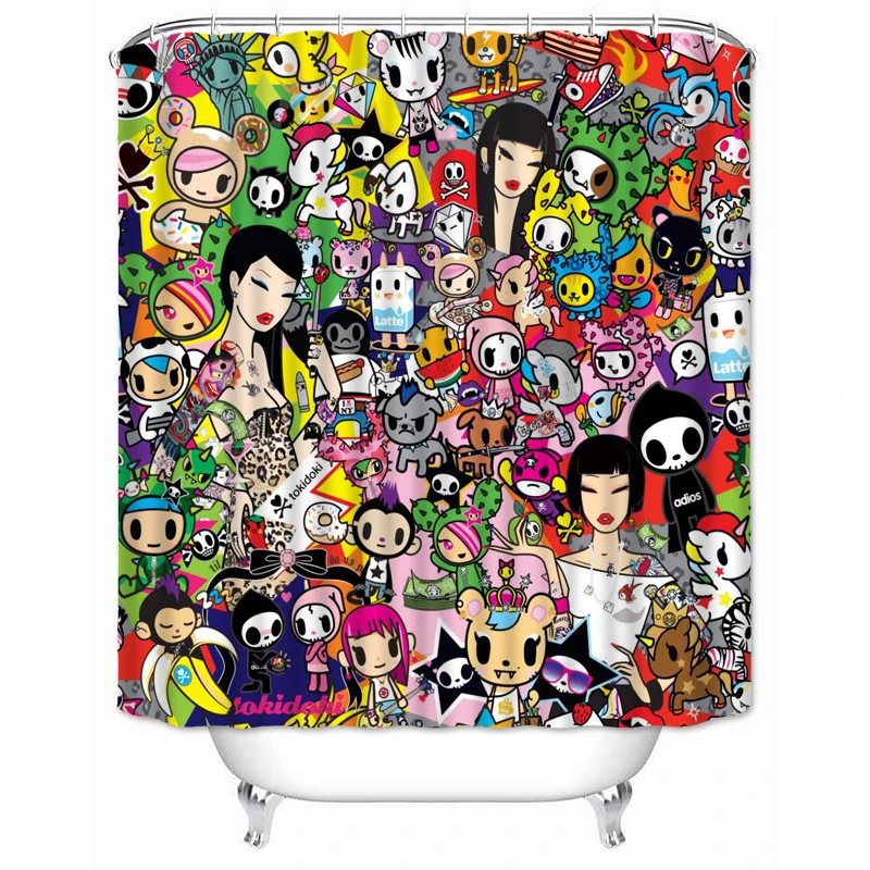 Musife-cortina de ducha Tokidoki personalizada, tela de poliéster impermeable de dibujos animados para baño con ganchos, decoración del hogar DIY