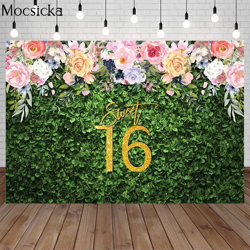 

Mocsicka Sweet 16 Theme Backdrop Girl Sixteen Birthday Party Green Grass Flowers Decoration Photoshoot Background Banner Photo