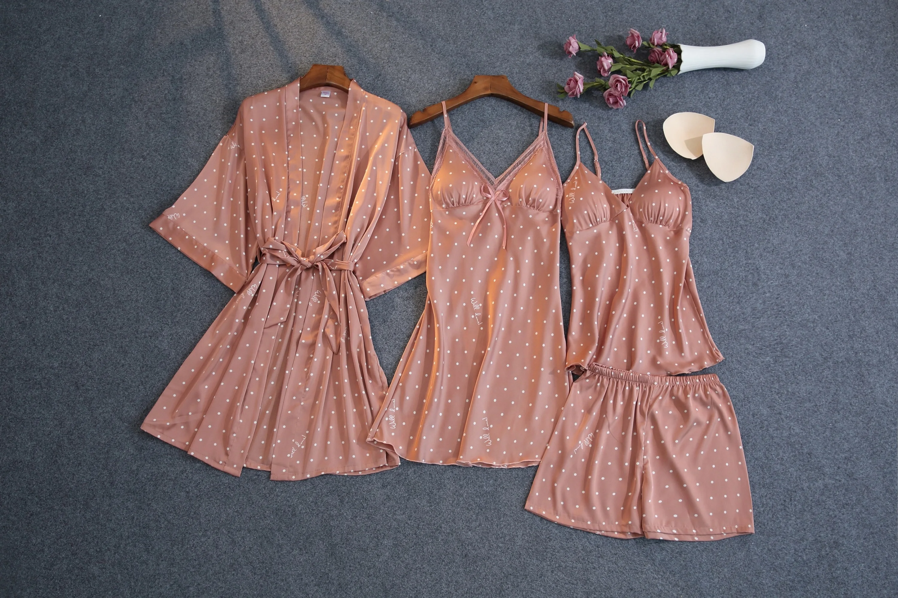 

4-Piece Set Women's Bath Robe Sets Silk Sexy Pajamas Printed Dress Sleepwear Home Clothes For Women Negligee Sleep Lounge