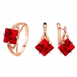 Trendy Women Jewelry Sets 585 Rose Gold Color Fashion Jewelry Romantic Ring Jewelry Sets Red Earring Jewelry Sets