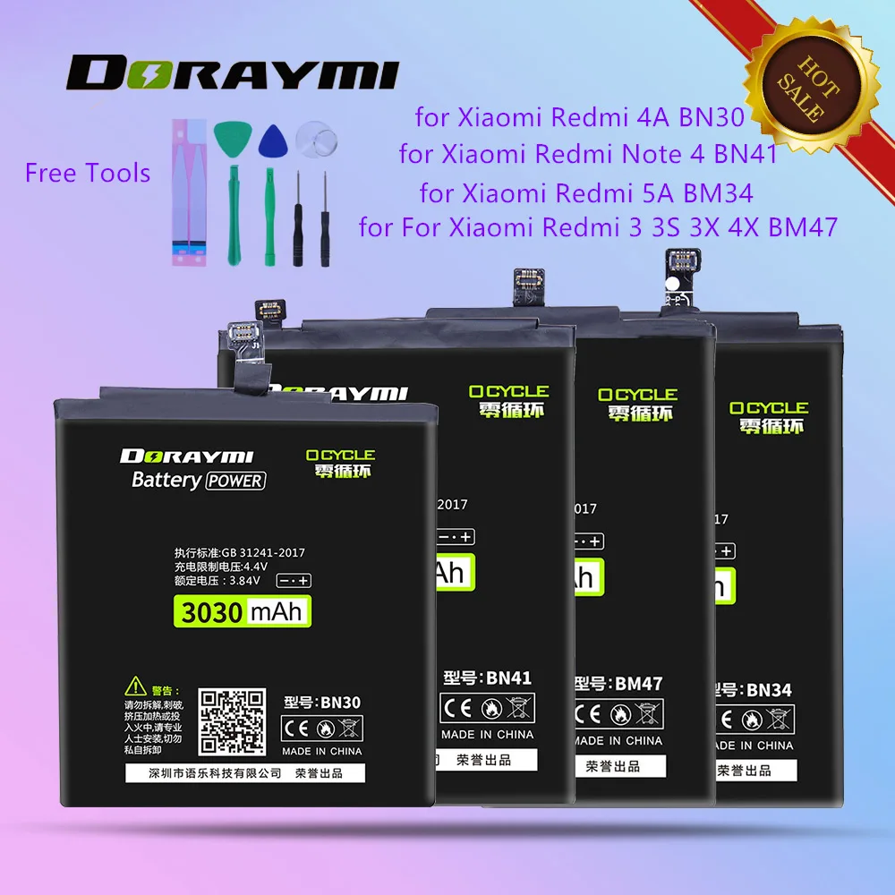 DORAYMI BM47 BN30 BN34 BN41 Battery for Xiaomi Redmi 3 3S 3X 4X 4A 5A Note 4 Replacement Phone