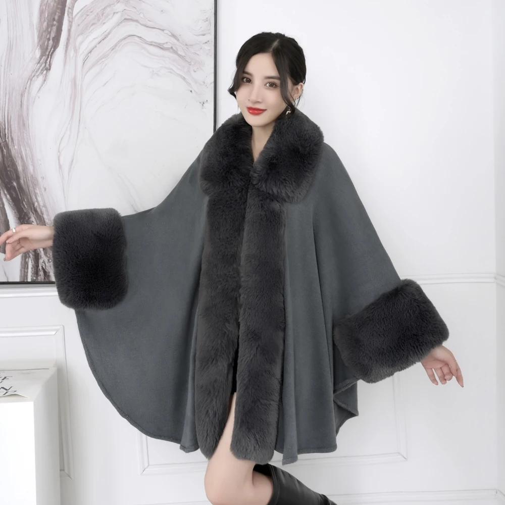 Soft Luxury Faux Rabbit Fur Coat Cape Long Winter Women Wide Turndown Collar Overcoat Knit Cardigan Party Cloak Shawl Big