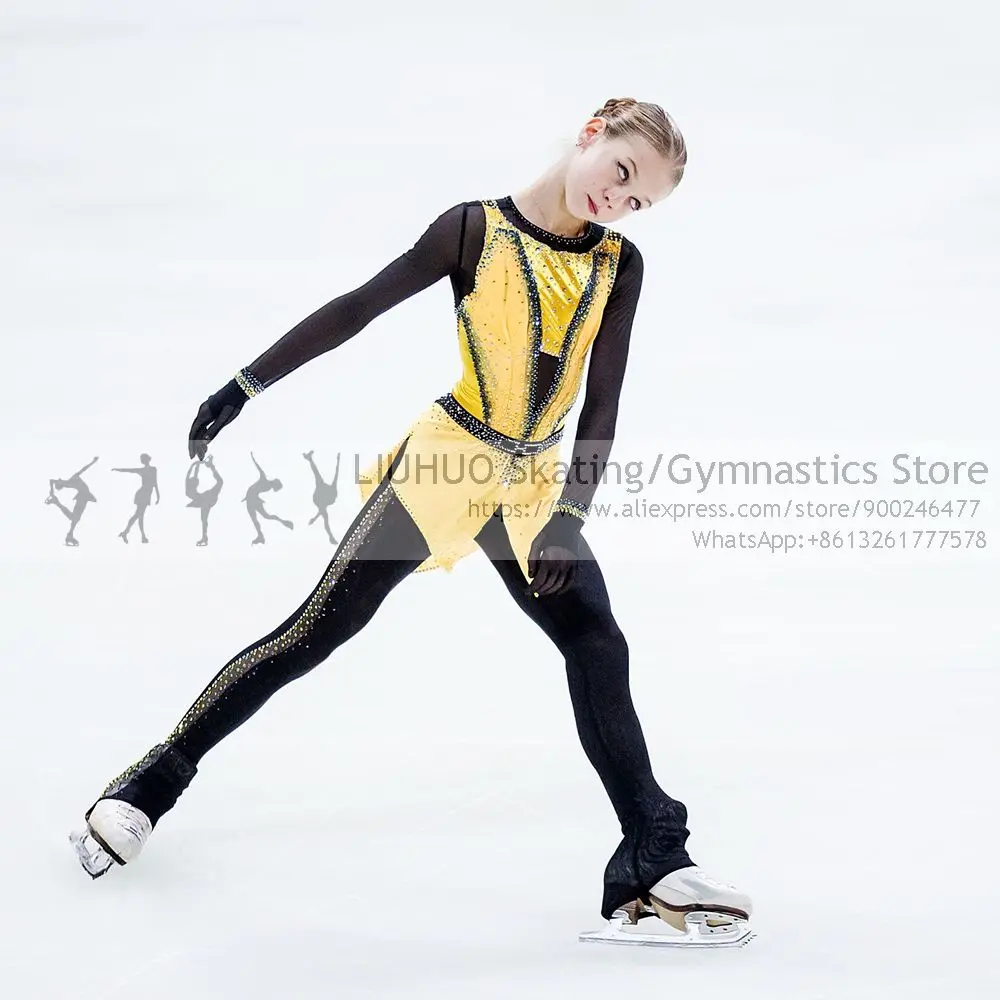 Figure skating uniform Girls Dress Pants Yellow Lycra ballet Jumpsuits Rhythmic Leotard Teens Skating dress  dance costume Women