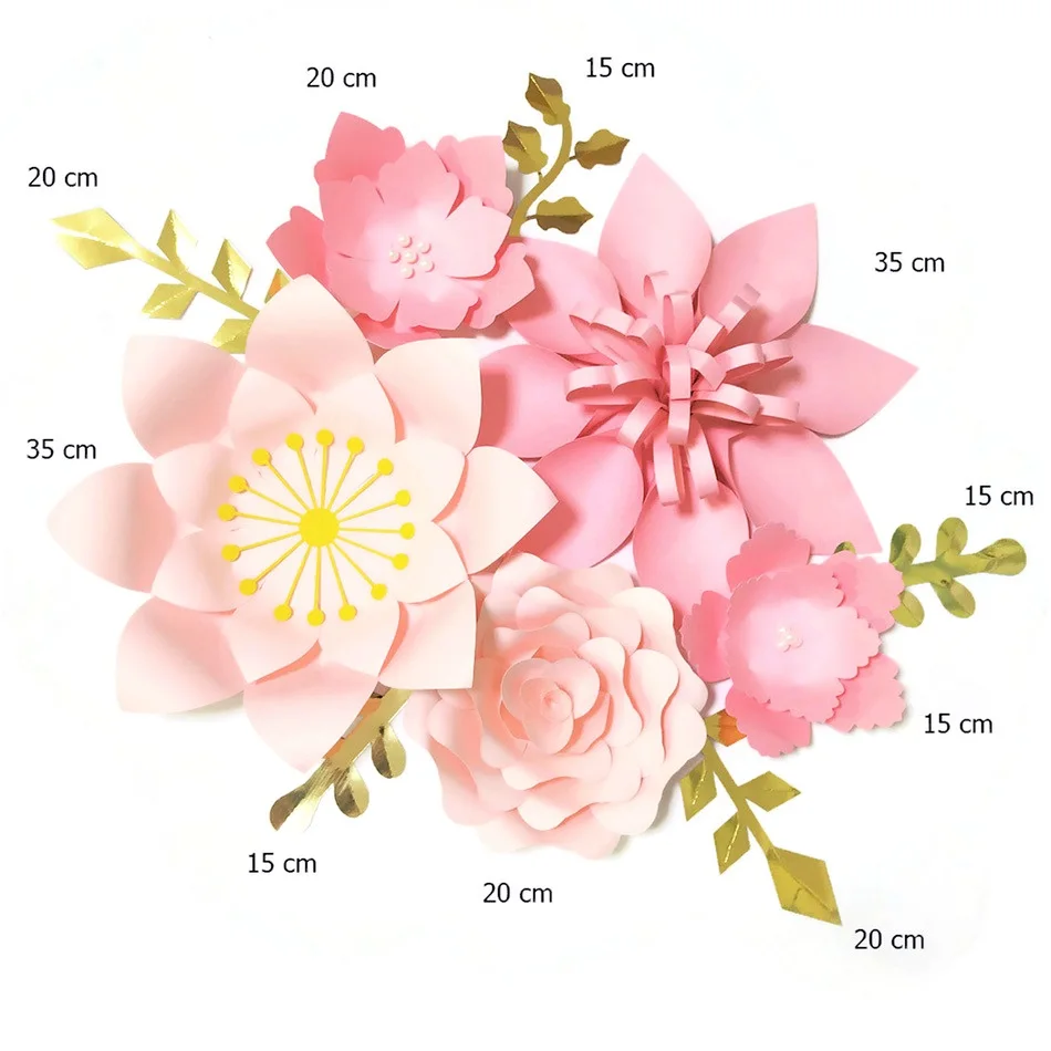 Pink Rose Easy DIY Giant Paper Flowers Gold Leaves Set For Nursery Wall Art Deco Girls Room Baby Shower Backdrop Crafts Floral