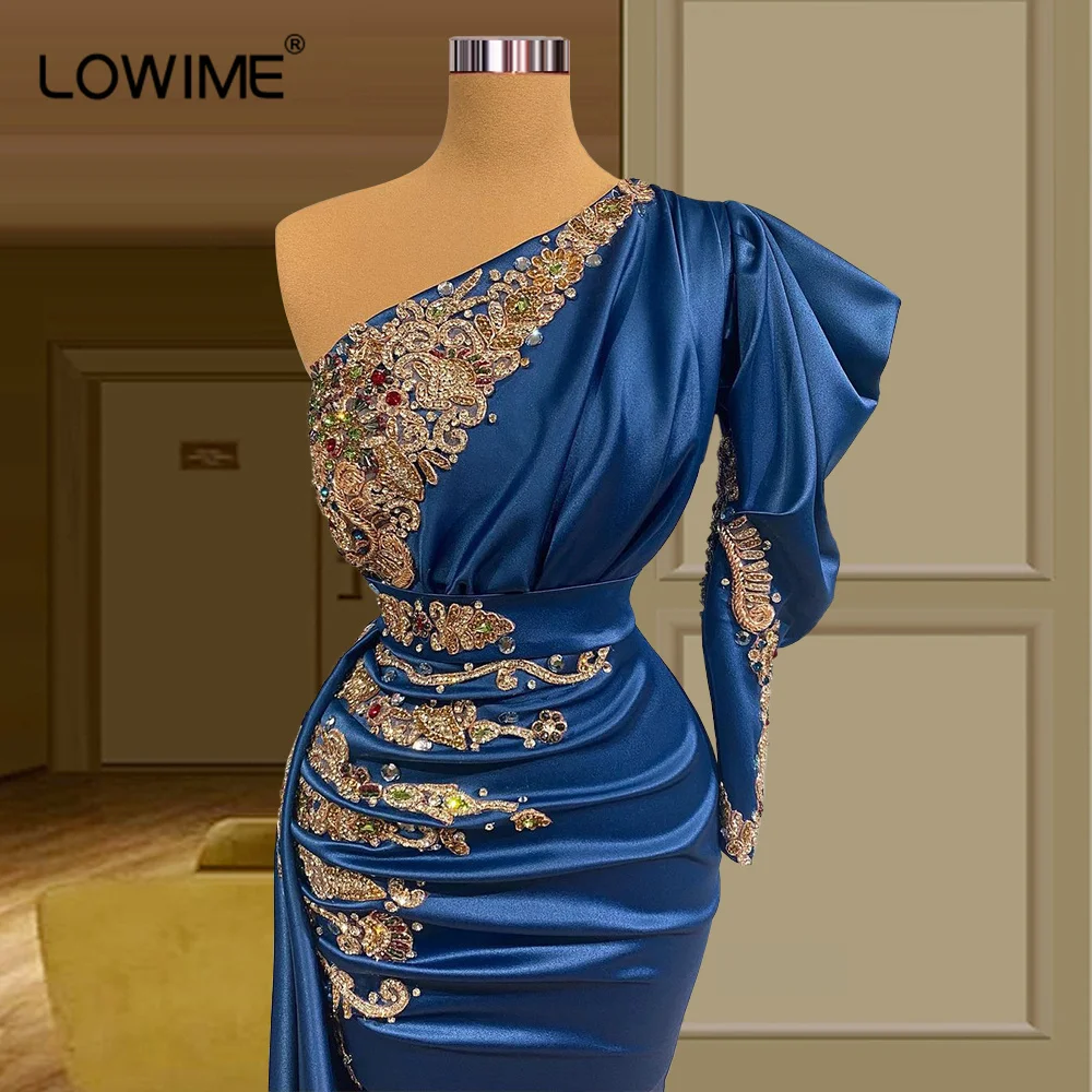 New Design Long Navy Blue Evening Dress With Gold Beads Diamonds Mermaid One Shoulder Charming Women Party Occasion Formal Gowns