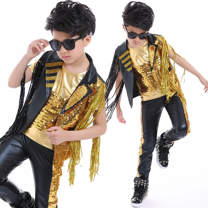 Hip Hop Costume Sequined Fringed Coat Tops Pants Jazz Performance Clothing Boys Street Dance Suit Modern Stage Wear DNV12485