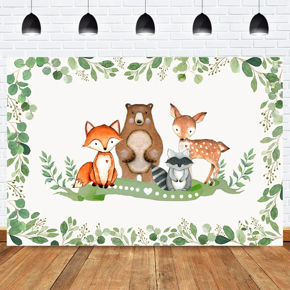 

Safari Wild One Birthday Photo Background Jungle Forest Cartoon Animal Newborn Photography Background Fox Bear Deer Squirrel