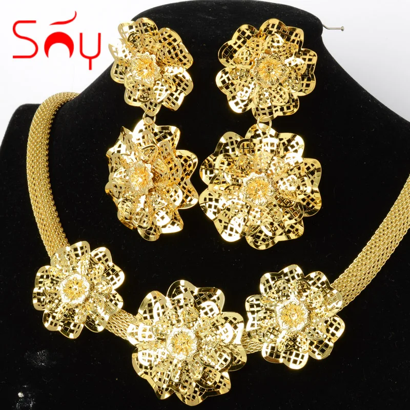 

Sunny Jewelry Sets Flower Earrings Necklace Adjustable Copper Gold Plated For Women Bridal Wedding Party Anniversary Gifts