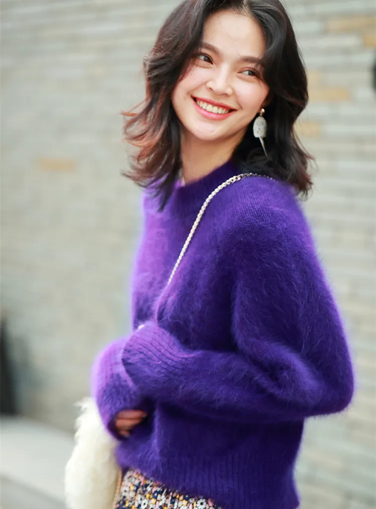 Angora Mink Cashmere Sweater for Women Round Neck Pullover Loose Temperament Purple Lazy Knitwear Winter New JN931