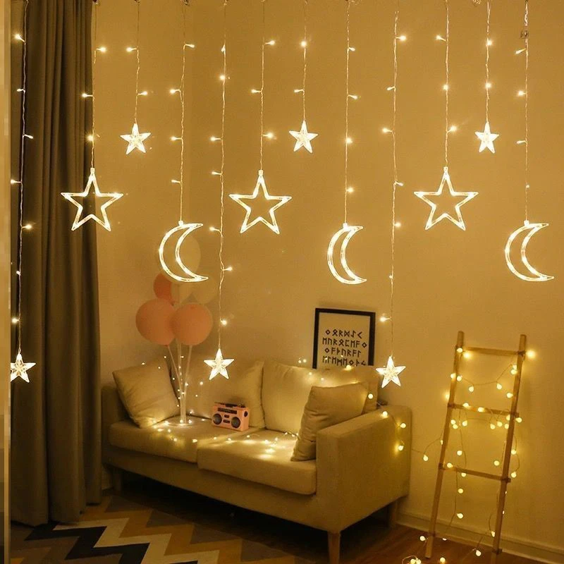 LED Christmas Light Solar Moon Star Curtain Lights Outdoor Waterproof Fairy Lights for Home Wedding Party Holiday Decoration