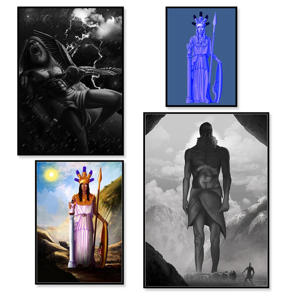 Pallas Athena Periwinkle, Prometheus and Eagle Grayscale Painting, Cyclops Approaching Odysseus La Mythology Art Poster