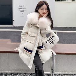 2024 Womens Winter Down Jacket And Coats Fashion Real Fur Collar Parkas Coat Mid-Length Loose Large Size Coat Snow Overcoat