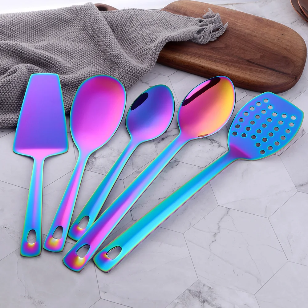 1PC Rainbow Stainless Steel Nonstick Kitchen Utensils Cooking Tool Long Serving Sets Scoop Spoon Fork Turner Ladle Cake Shovel