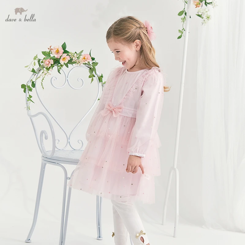 DK1221759  dave bella spring girl's fashion 5Y-13Y sweet bow style dress children sweet dress kids infant lolita clothes