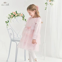 DK1221759  dave bella spring girl's fashion 5Y-13Y sweet bow style dress children sweet dress kids infant lolita clothes