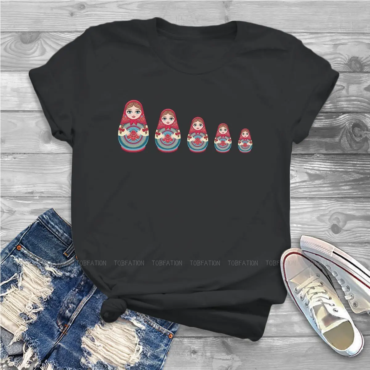 Babushka Stacking Nesting Women's TShirt Matrioskas Matryoshka Doll Russian Tea Crewneck Girls Tops 4XL Lady T Shirt Humor Gift