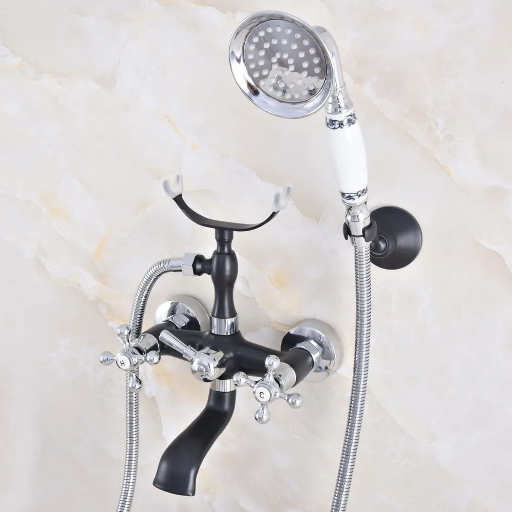 Black Silver Wall Mounted Dual Cross Handles Bathroom Tub Faucet with Hand Held Shower Sprayer zna623