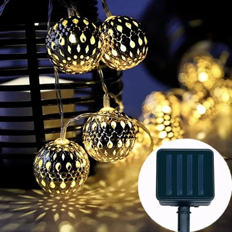 Solar Powered Moroccan Ball String Lights Waterproof LED Wrought Iron Metal Hollow Out Ball Colorful Fairy Light Solar Lamp