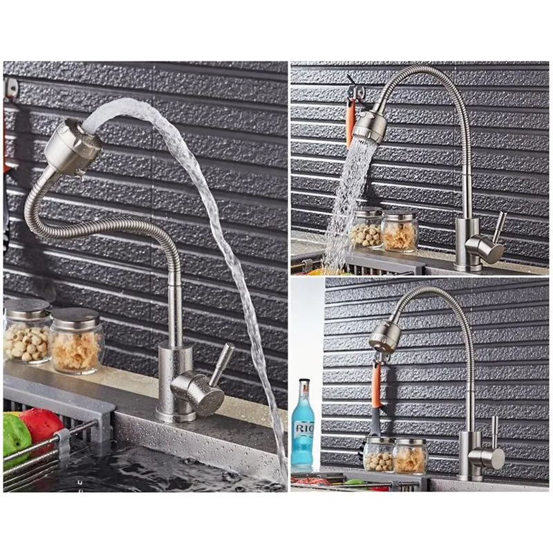 อ่างล้างจานก๊อกน้ําหมุนได้ 360 องศาพร้อมท่อยืดหยุ่น Kitchen Tap เย็นและ Hot Stream Sprayer ก๊อกน้ําห้องครัว