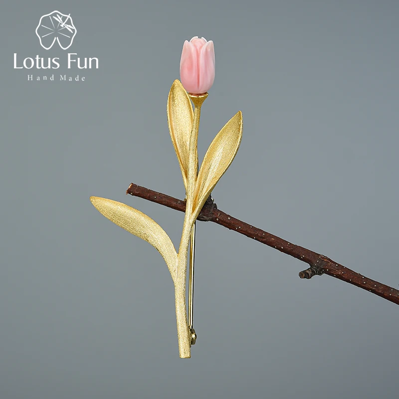 Lotus Fun Eternal Love Tulip Flower Brooches Real 925 Sterling Silver 18K Gold Handmade Design Fine Jewelry Best Gift for Women