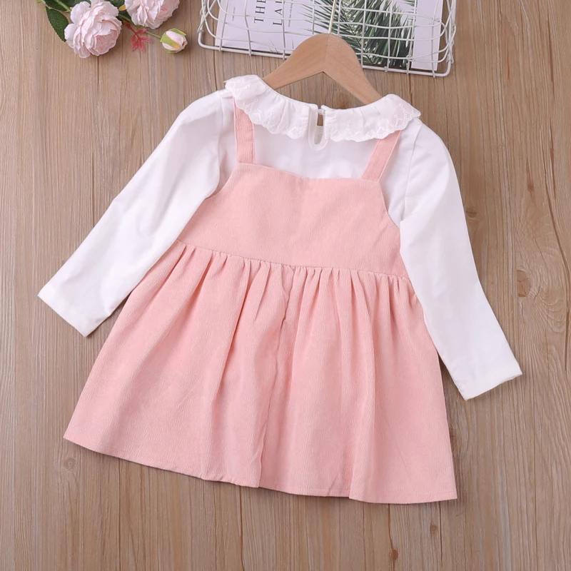 Spring Autumn Lotus Leaf Collar Long-sleeve T-shirt + Bow Suspender Skirt Cute Girl Clothes Set New Cartoon Children's Dress Set