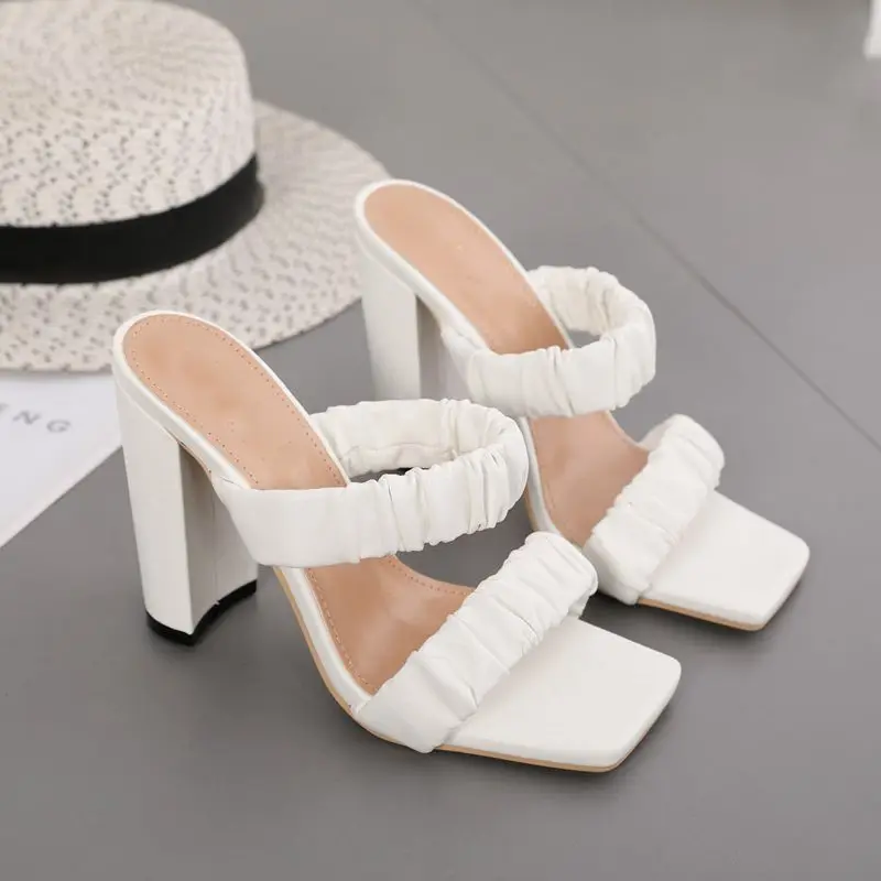 2021 New Fashion Square High Heels Women Summer Shoes Sexy Open Toe PU Pleated Lazy Slippers Shallow Slip-On Solid 35-42