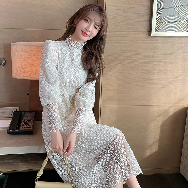 Half High Collar Lace Dress Women 2021 Spring New Chrysanthemum Embroidery White Long-sleeved Mesh Ladies Lace Mid-length Dress