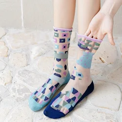 Women Casual Summer Thin Long Socks Japanese Kawaii Cartoon Animals Cute Socks New Fashion Novelty Harajuku Crystal Silk Socks