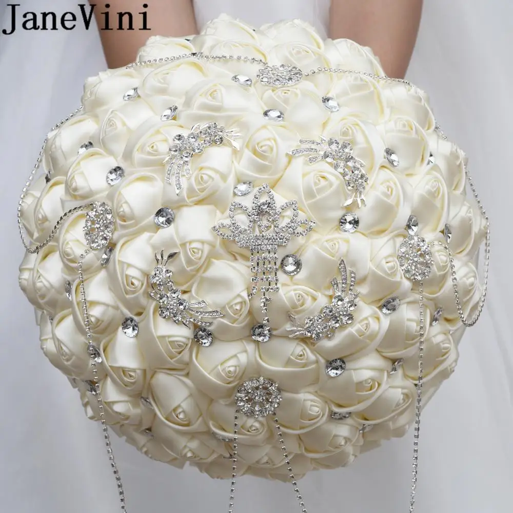 JaneVini 30 ซม.Rhinestone เจ้าสาว Bouquet Bouquet Ivory Handmade คริสตัลงานแต่งงาน Boeket ช่อซาติน Rose wesele