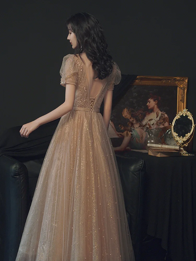 Vestidos de noche formales para mujer, escote en v profundo, espalda descubierta, elegantes vestidos de fiesta con apliques de lentejuelas, línea a, vestido de desfile delgado