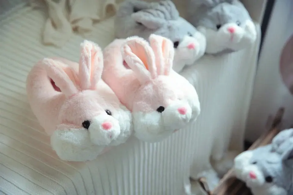 2021 Cute Pink Rabbit Gray Bunny Slipper Cartoon Animal Plush Slippers Female Winter Warm Rabbit Home Woman Slipper