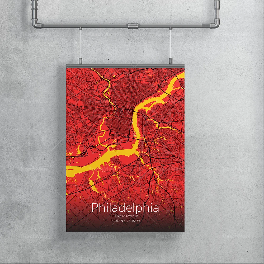 Affiche imprimée de carte de ville de Philadelphie / État de Pensylvania / différentes tailles et modèles de conception