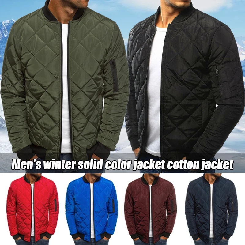 Men Quilted Padded Jacket Casual Zip Up Winter Warm Jacket Casual Plaid Stand-Up Zip Coat Windproof Outwear