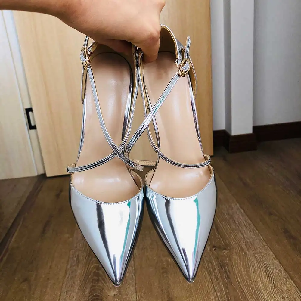 Tikicup Shiny Silver Women Cross Ankle Strap Stiletto Pumps Pointed Toe Sparkly Stiletto High Heels Wedding Bridal Shoes