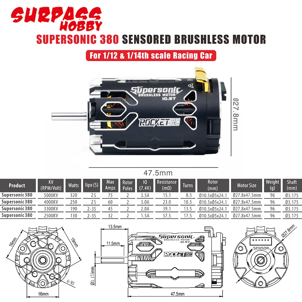 Surpass Hobby ROCKET-RC Supersonic 380 KV2500/KV3300/KV4000/KV5000 2-3S Sensored Brushless Motor For 1/12 1/14 Scale RC Car