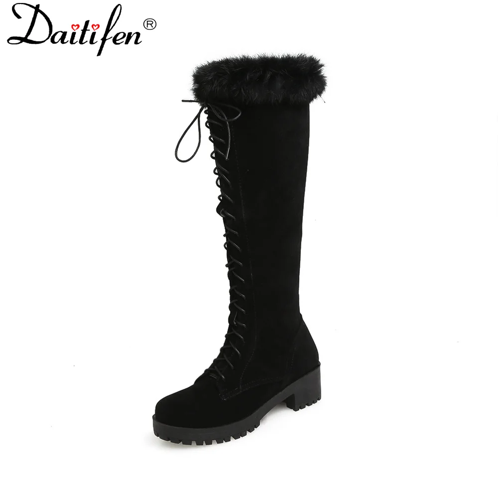 Brangdy Classical Women Knee High Boots Winter With Real Rabbit Fur Fashion Lace up Shoes Round Toe Keep Warm Boots Non-slip