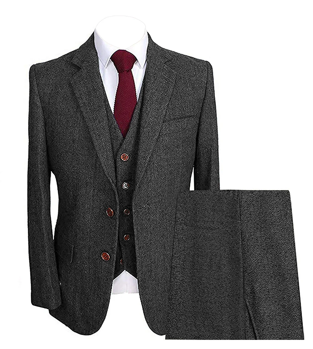 Mens Herringbone Suits 3 Piece Groom Wool Formal Work Business Tailormade Tuxedos Blazer & Pants & Vest For Wedding