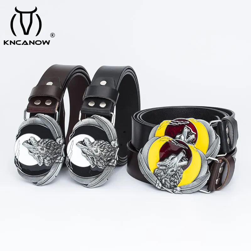 Men\'s Outdoors Genuine Leather Belt Wolf Metal Buckle Western Cowboy Cowgirl Clothing Accessories Fit For 4cm Width Punk Strap