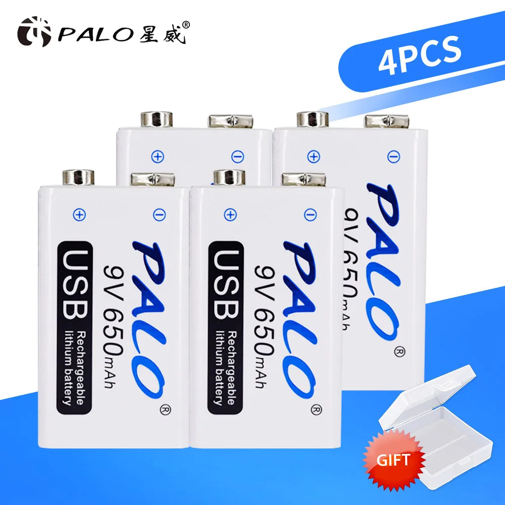 

PALO 4pcs USB 9V 6F22 650mAh Rechargeable Battery 9 volt 650 mAh lithium li-ion li ion liion fast charging batteries