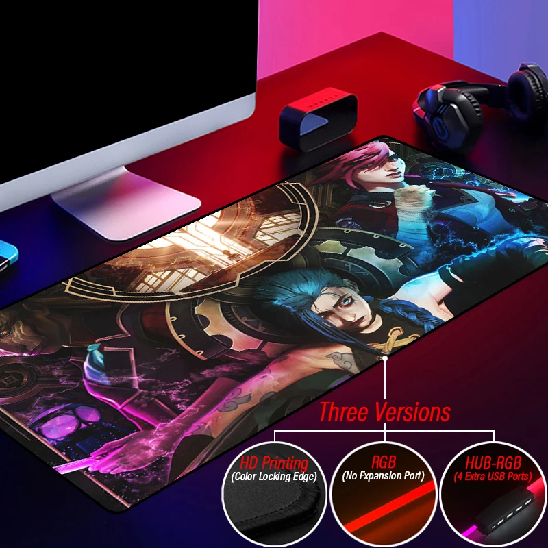 League of Legends LED Light Mousepad Jinx Jayce Caitlyn Vi RGB Custom LOL Colorful Surface Arcane Mouse Pad With HUB 4 Port USB