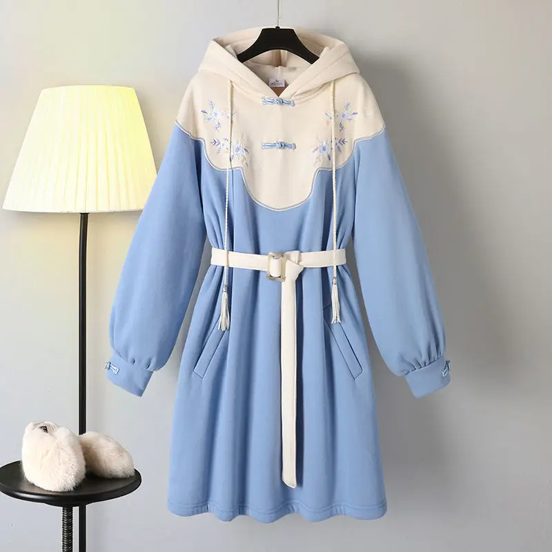 Chinese Traditional Style Hoodies Harajuku High-necked Sweatshirt Dress Women Autumn Cheongsam Party Dresses Thick Long Robe